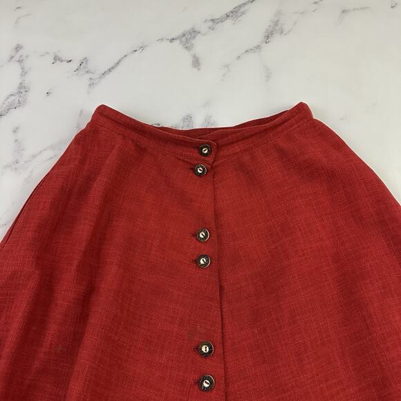 Vintage 80s Womens A-Line Skirt Size 40 M Red Linen Blend Button Front Pockets - Picture 2 of 12